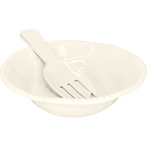 Saladier en Mélamine Crème avec Couverts à Salade et Bord Corde 30,5 x 30,5 x 9 cm - PANGIVO