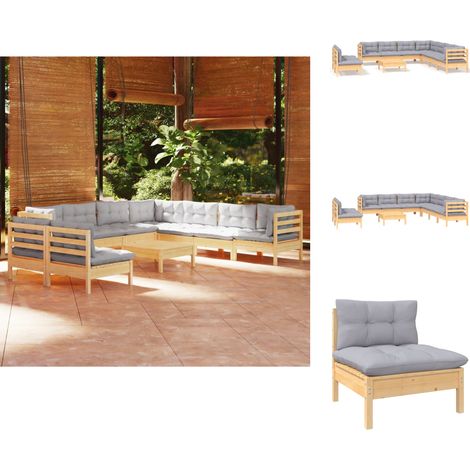 Gartenmöbel-Sets - Living 10-tlg. Garten-Lounge-Set mit Grauen Kissen Massivholz Kiefer (1/5)
