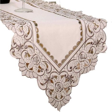 BelleRise - Chemin de table 40x176cm, lavable, nappe décorative en maille ajourée à motif floral, style vintage, brodé. (1/5)