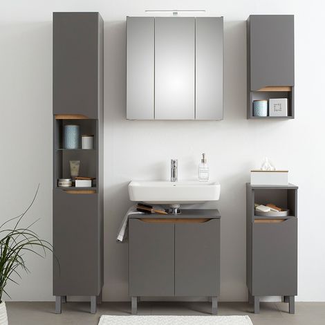 Badezimmer Komplett Set mit Füßen in Quarzgrau Matt Touch mit Riviera Eiche Nb. QENA-66, B/H/T ca. 140/190/33 cm (1/5)