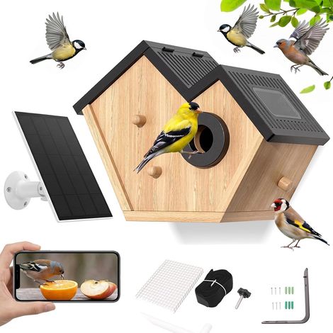 Nichoir pour Oiseaux Extérieur, Nichoir à énergie Solaire avec Caméra 2K Nichoir en Bois pour Oiseaux , Volière de Jardin avec AI Reconnaissance d'oiseaux, Vision Nocturne, Compatible Wi-Fi 2,4 GHz (1/5)