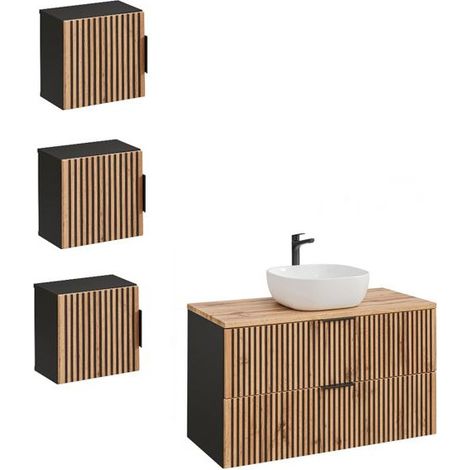 Ensemble meuble vasque à poser + 3 éléments - 100 cm - Sylve Black Wotan - Livraison gratuite