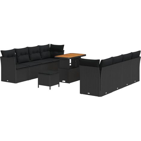 Garden Sofa Set with Cushion 11 pcs Black Poly Rattan vidaXL