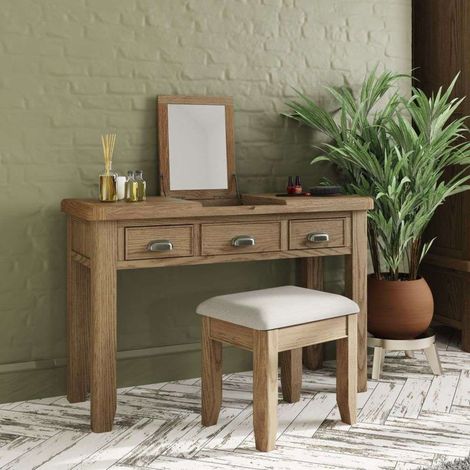 Coiffeuse 3 tiroirs avec miroir 120x45x80 cm en chêne massif - SUNDELI