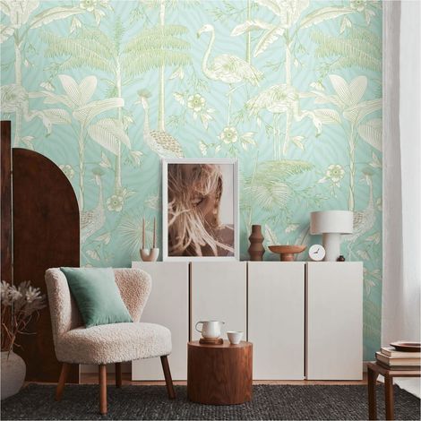 Photo wallpaper Profhome 392061 hot embossed non-woven wallpaper smooth with animal pattern matt turquoise white green 1.59 m x 2.8 m (1/4)