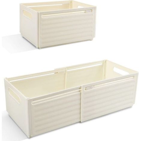 Lot de 2 Boite de Rangement Plastique Extensibles avec Poignée, Caisse Bac Eangement Pliable Cuisine, Chambre, Salle de Bain, Bureau (Blanc Cassé) (1/4)