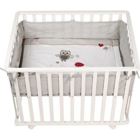 Parc Bébé 100x75 cm + Tapis Adam et Eule Imprimé Chouette + 4 Roues - ROBA - Bois blanc