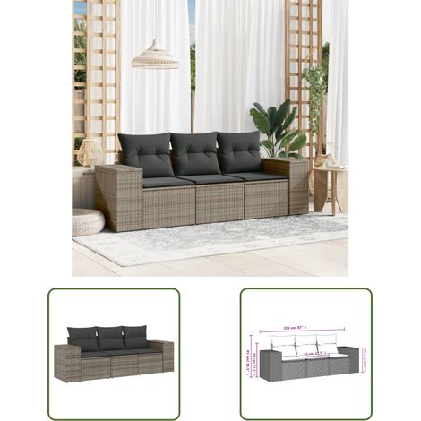 The Living Store 3-tlg. Garten-Sofagarnitur mit Kissen Grau Poly Rattan - Gartensofas - Outdoor Möbel - Gartenmöbelset - Lounge Set - Rattan Gartenmöbel