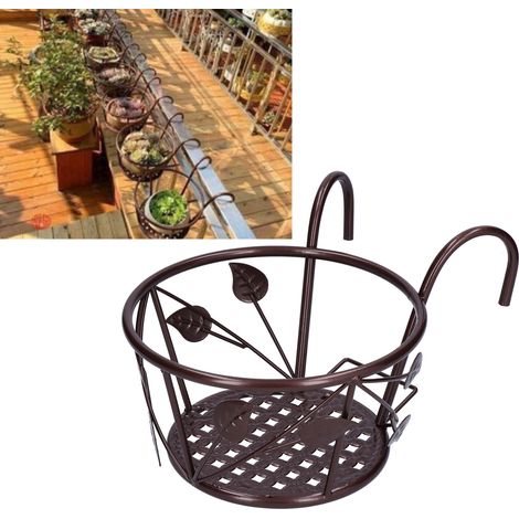 Support suspendu pour pots de fleurs, support pour plantes d'extérieur, à fixer sur une rambarde, pour balcon, terrasse ou jardin. Bronze. (1/5)