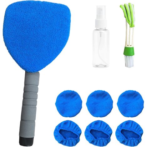 Nettoyant pour Pare-Brise, Brosse de Nettoyage de Pare-Brise, 180° Extensible Brosse de Fenêtre de Nettoyage à Manche, avec 6 Tampons Microfibres et 1 Vaporisateurs, Brosse de Climatisation (Bleu) (1/5)