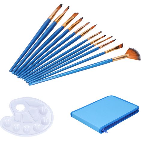 12Pcs Paintbrush Nylon Fiber Art Brush Watercolor Oil Painting Set with Pack and PaletteTYP317  Blue (1/5)