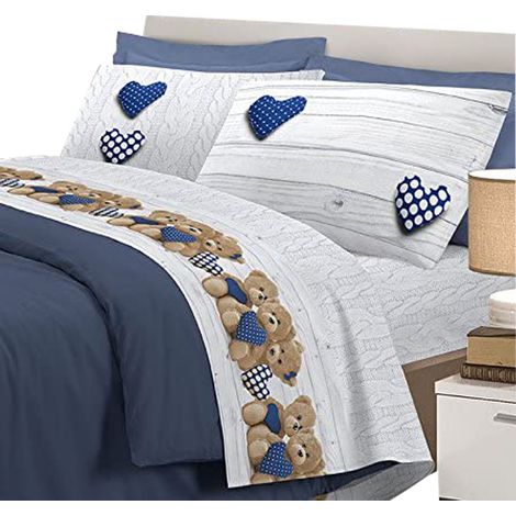 Completo letto lenzuola orsetti con stampa fotografica 100% cotone made in italy Blu - 1 Piazza e mezza