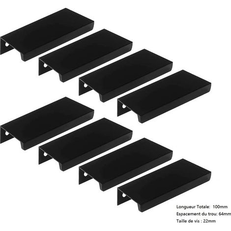 8 poignées encastrées pour armoires de cuisine, poignées invisibles en métal, poignées de tiroirs, ferrures modernes pour armoires, alliage d'aluminium, noir (longueur 100 mm) (1/5)