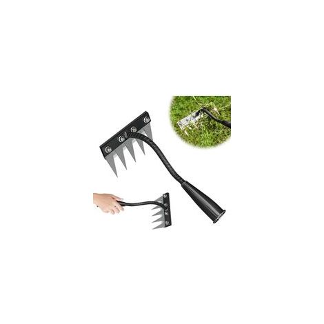 Râteau de jardin en acier au carbone, outil de désherbage manuel détachable en acier au manganèse, multifonctionnel, élimine efficacement les mauvaises herbes dans les cours et les jardins (5 dents). (1/5)