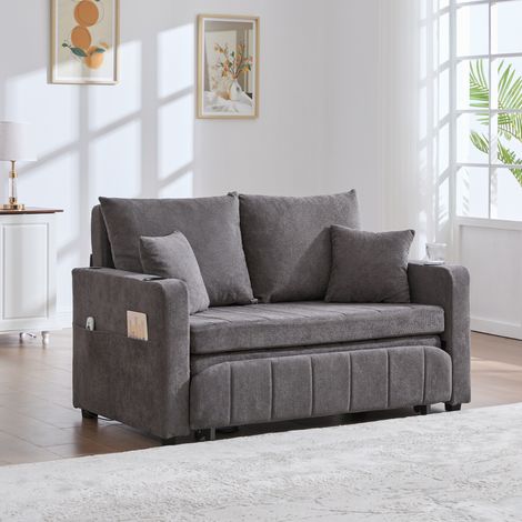 Divano letto trasformabile con cuscini e tasca laterale, porta USB, portabicchiere, 139x83x58 cm, ciniglia grigia