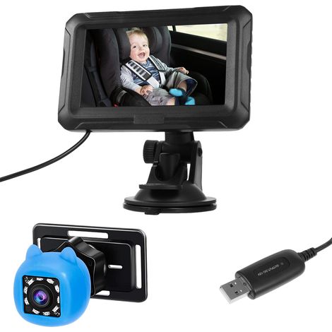 Specchietto retrovisore per auto per bambini, monitor 1080P con porta USB per telecamera, 4,3" con visione notturna, angolo di visione di 150° per neonati, bambini e animali domestici. (1/4)