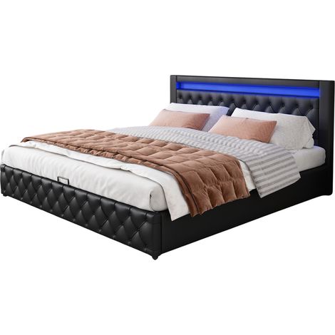 Lit coffre 160 x 200 cm avec tête de lit LED, sommier à lattes et grand rangement sous le lit, revêtement cuir régénéré noir  CHICFURN (1/5)