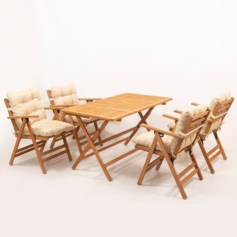 Ensemble de table et 4 fauteuils de jardin pliables Jasperito Hêtre massif naturel et Tissu Beige (1/5)