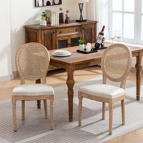 Chaises de salle à manger de style français, structure en bois massif, revêtement en lin et dossier en rotin, lot de 2, crème et beige (1/5)