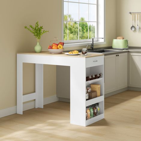 WOLTU Bartisch Stehtisch mit 1 Schublade 3 Ablagen Bistrotisch Küchentisch mit Weinregal für Bar Küche Wohnzimmer Esszimmer, 120x50x90cm, Weiß + Helle Eiche