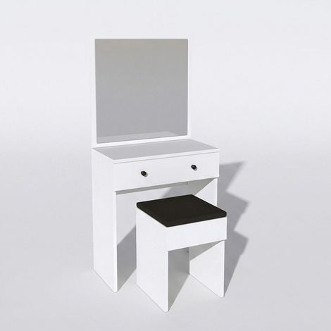 Frisiertisch mit Spiegel & Hocker - 1 Schublade - Weiß - ABONIA (1/4)