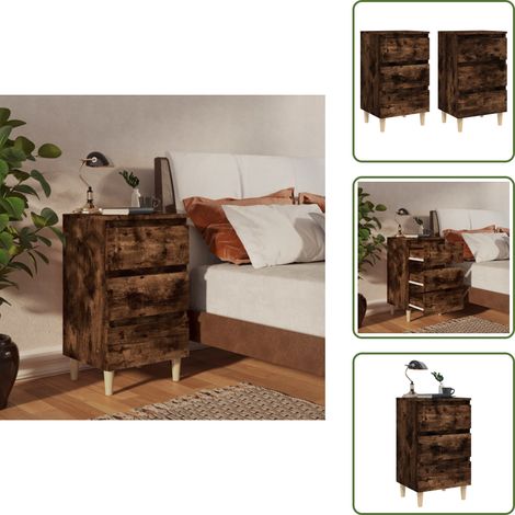 The Living Store Mesita de noche 2 uds patas de madera roble ahumado 40x35x69 cm - Mesita de noche con cajones