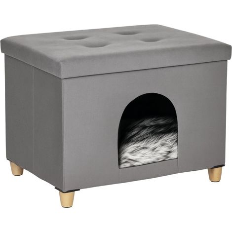 Cuccia per gatti 2 in 1 con poggiapiedi e cuscino, MDF, peluche grigio, 60 x 45 x 44,5 cm HOMVRA (1/5)