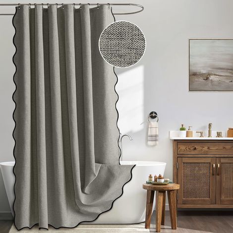 New fan-shaped shower curtain, linen texture (180 x 180 cm), waterproof, grey, 1 piece. (1/5)