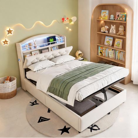 Cadre de lit beige en tissu 221 x 94,4 x 109 cm (1/5)