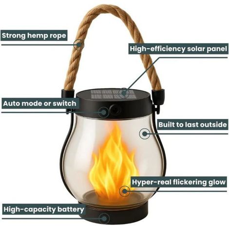 Lampe Solaire Extérieure 12x25CM Effet Flamme Réaliste Étanche Suspension Automatique Décoration Jardin Terrasse Allée Vérandah (1/5)