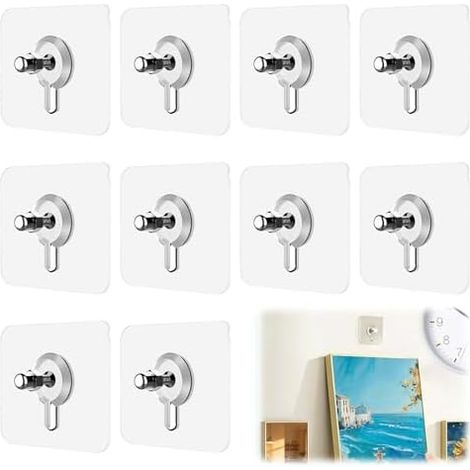 10 Pièces Accroche Murale Sans Percer, Fixation Adhésive Transparente 6x6 cm, Crochet pour Cadres Photo, Tableaux, Posters, Carrelage et Mur -