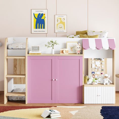 Lit mezzanine 90x200 cm Lit cabane enfant avec rangement ouvert et échelle - Lit mi-hauteur en bois massif  -  rose (1/5)