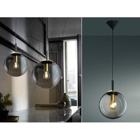 LED Pendelleuchte einflammig Rauchglas Schwarz mit Messing Kugel, Ø 25cm (1/5)