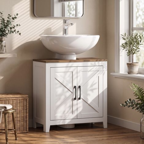 Meuble sous lavabo, meuble de salle de bain moderne avec 2 portes de grange et étagère réglable, blanc (1/5)