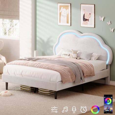 4ft6 Double Upholstered Bed with LED Adjustable Cute Cloud Headboard, Soft Velvet Bed Frame with Solid Wood Slat, No Box Spring Needed, Easy Assembly, Cream White (No Mattress)