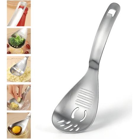 Utensilio de cocina 5 en 1 de acero inoxidable 304 - 23 x 8 cm - Separador de yemas de huevo, rallador, colador y abridor de botellas - Plateado (1/5)