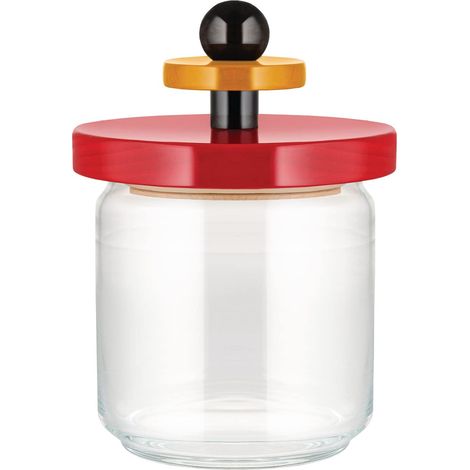 Alessi ES16/75 Barattolo Ermetico in Vetro con Coperchio in Legno di Faggio, 100 Values Collection, Acciaio, Giallo/Nero/Rosso