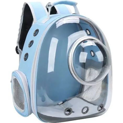 Sac à dos/transporteur transparent et respirant pour animaux de compagnie (modèle capsule) - convient aux chats et aux chiots (bleu clair - avec housse)