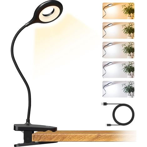Lampe de lecture à pince pour tête de lit, lampe de table 5 couleurs et 5 niveaux de luminosité avec pince robuste, veilleuse flexible rechargeable USB-C pour lit superposé enfant, idéale pour lire et (1/5)