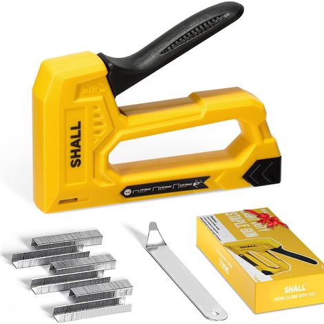 SHALL Graffettatrice Leggera per Legno - Graffettatrice Gialla per Tappezzeria con 1600 Graffette JT21 da 1/4, 5/16, 3/8" e levapunti (1/5)