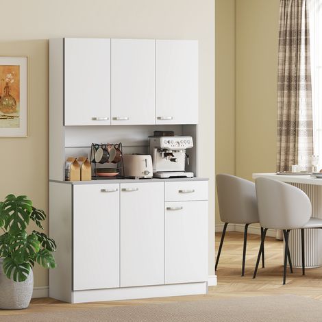 Aparador de cocina con armarios, cajón y soporte para microondas, despensa estrecha con puertas y estantes ajustables, mueble de cocina para salón o comedor, 101 x 39 x 180 cm, blanco.