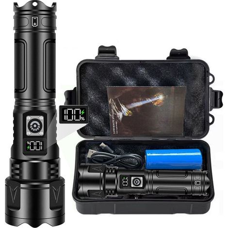 Lampe Torche LED Ultra Puissante, 1000000 Lumen Lampe de Poche Rechargeable USB C, Zoomable IPX6 Etanche Flashlight, LCD Affichage (1/5)