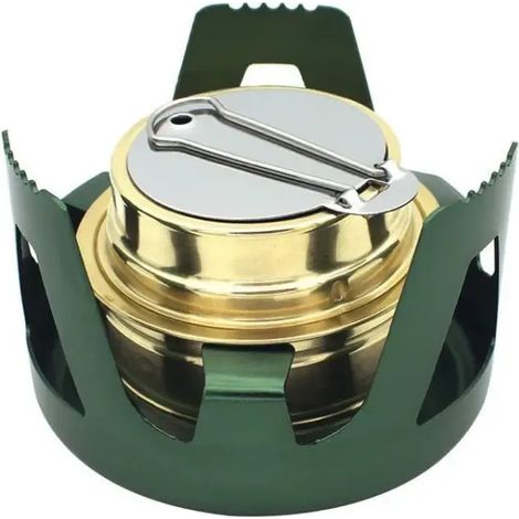 Réchaud à alcool portable miniature, réchaud en laiton robuste avec support et couvercle en aluminium, idéal pour le camping, la randonnée, la chasse et la cuisine en sac à dos. (1/4)