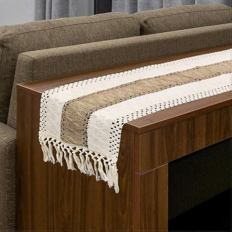 Chemin de table bohème en macramé avec pompons, 122 x 30 cm, beige - Style bohème rustique pour table à manger, table basse, commode (1/4)