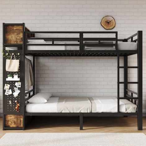 Lit Superposé 120x200 cm en Métal Noir, avec Armoire Penderie Tiroirs et Panneau Perforé - Lit surélevé métal, Lit Enfant Gain de Place, Modern (1/5)