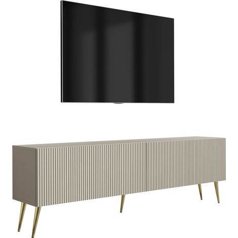 Mobile TV con gambe 170 cm, 2 ante, frontali scanalati, Cashmere, gambe inclinate dorate, 170 x 32 x 52 cm (1/5)