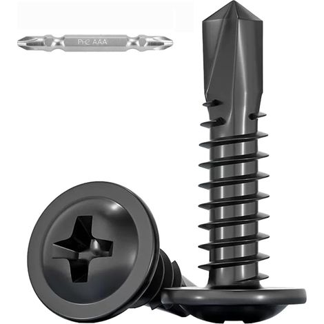100 Pièces Vis Autoforeuse Metal Noir,M4,2x25mm Vis à Tôle Autotaraudese et Autoperceuse Autoperforante Inox 410 Cruciforme Tête Ronde Large Bombé avec 1 Bits pour Aluminium Bois Plastique. (1/5)