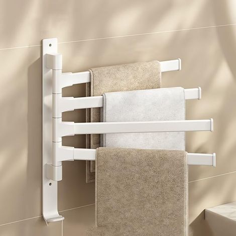 Porte-serviettes mural pivotant 180° 4 bras adhésif sans perçage blanc, support multifonction salle de bain (1/5)