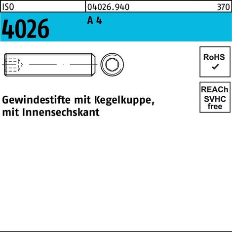 Gewindestift ISO 4026 Kegelkuppe/Innen-6-kant M 10 x 40A 4 50 Stück (1/2)