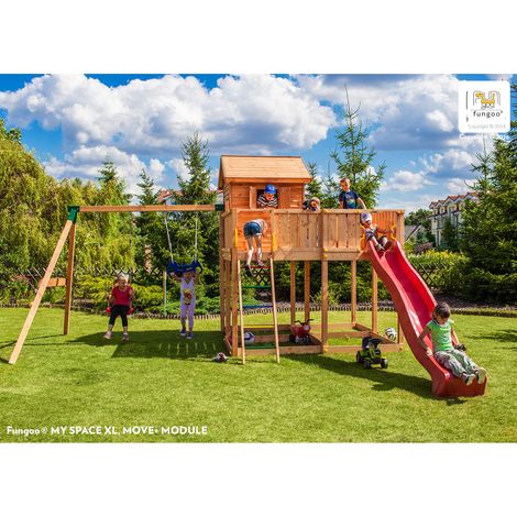 Fungoo Spielturm "My Space XL Move+", teak, mit Rutsche, Doppelschaukel, Kletterwand und Leiter